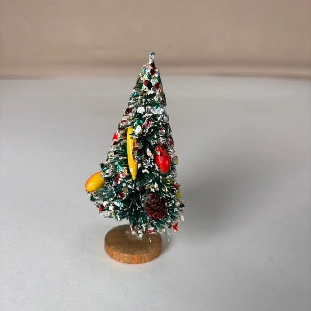 Vintage MCM Christmas Tree Bottle Brush Fruit Pinecone Miniature Wood Base 3.75